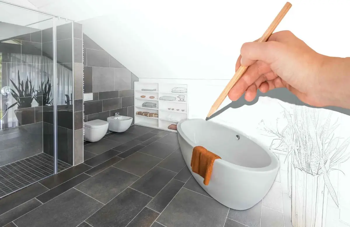Eine Hand zeichnet eine Badewanne in einem modernen Badezimmerumfeld.