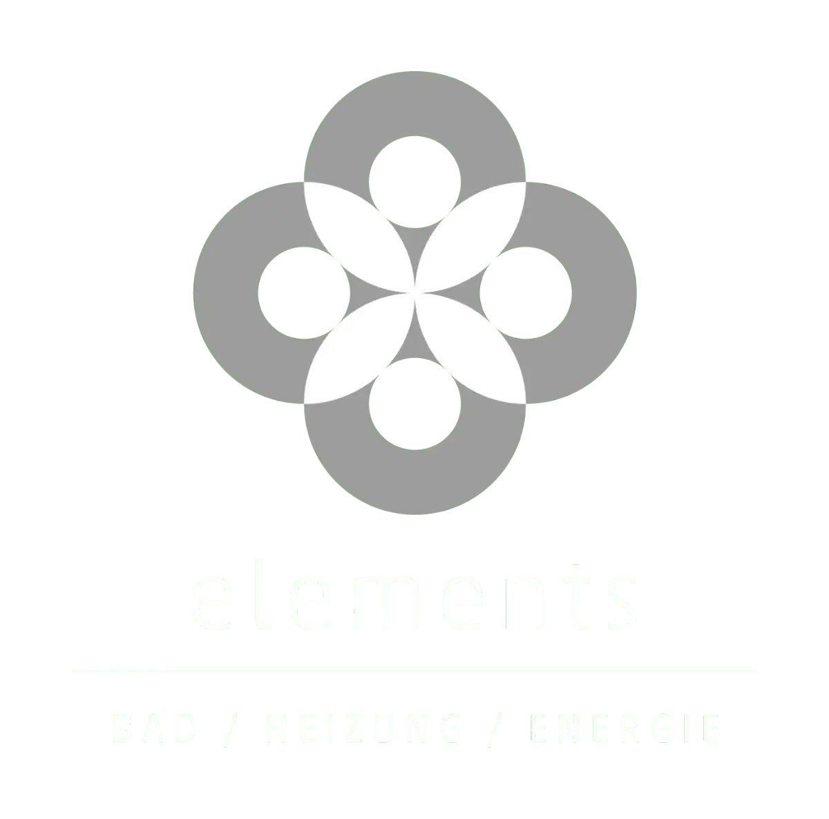 Ein stilisiertes Logo mit einer blütenähnlichen Form in Grau auf schwarzem Hintergrund.