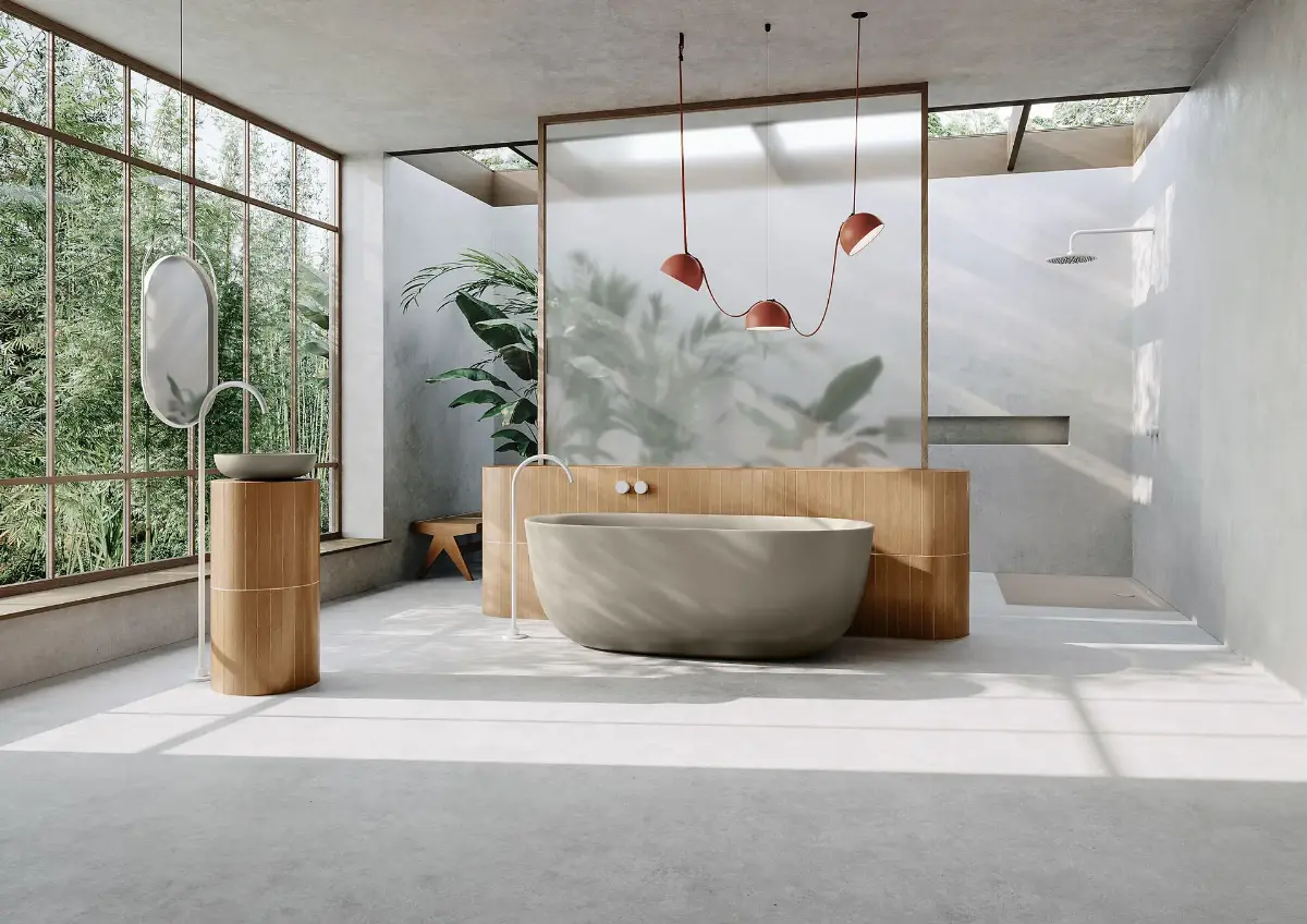 Modernes Badezimmer mit freistehender Badewanne, Pflanzen und großen Fenstern.