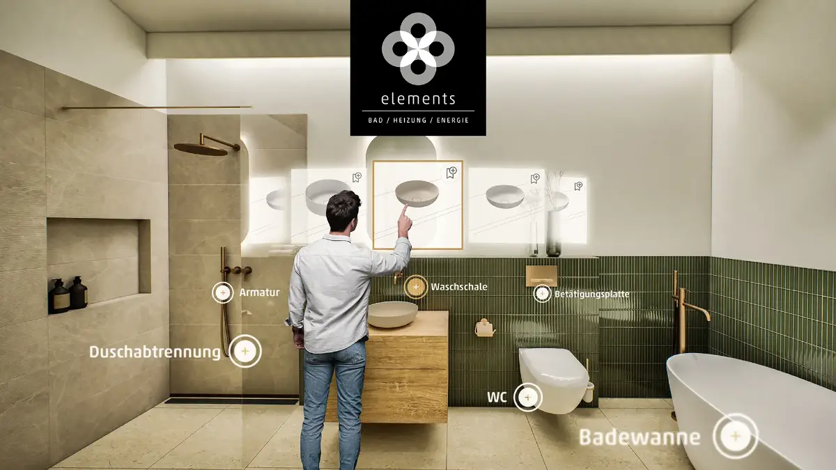 Person steht vor einem modernen Badezimmer mit verschiedenen Waschbecken und Toiletten.