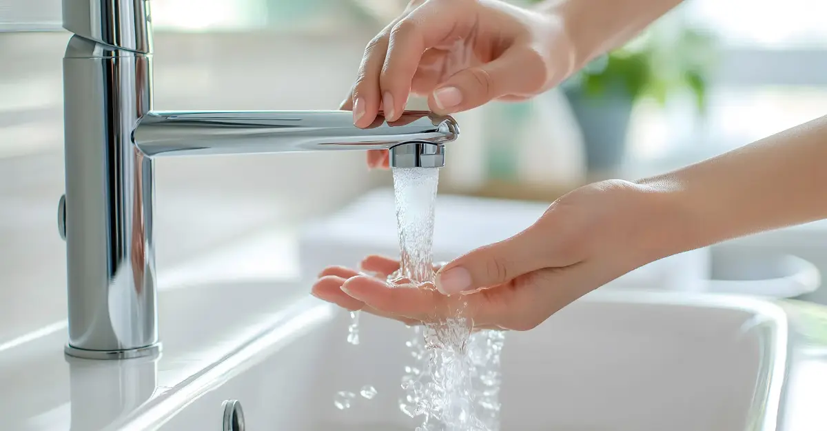Wasser fließt aus einem Wasserhahn in eine Hand.
