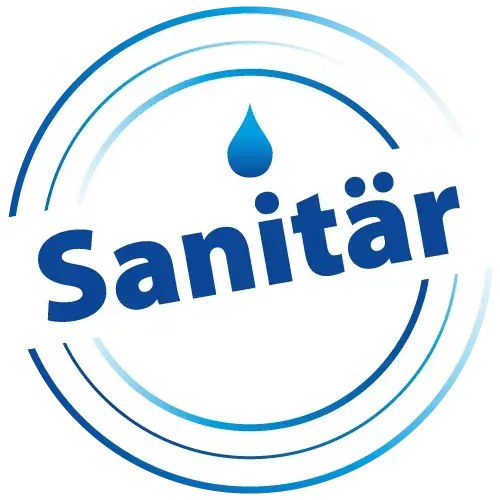 Logo mit Schriftzug „Sanitär“ und blauer Wassertropfen.